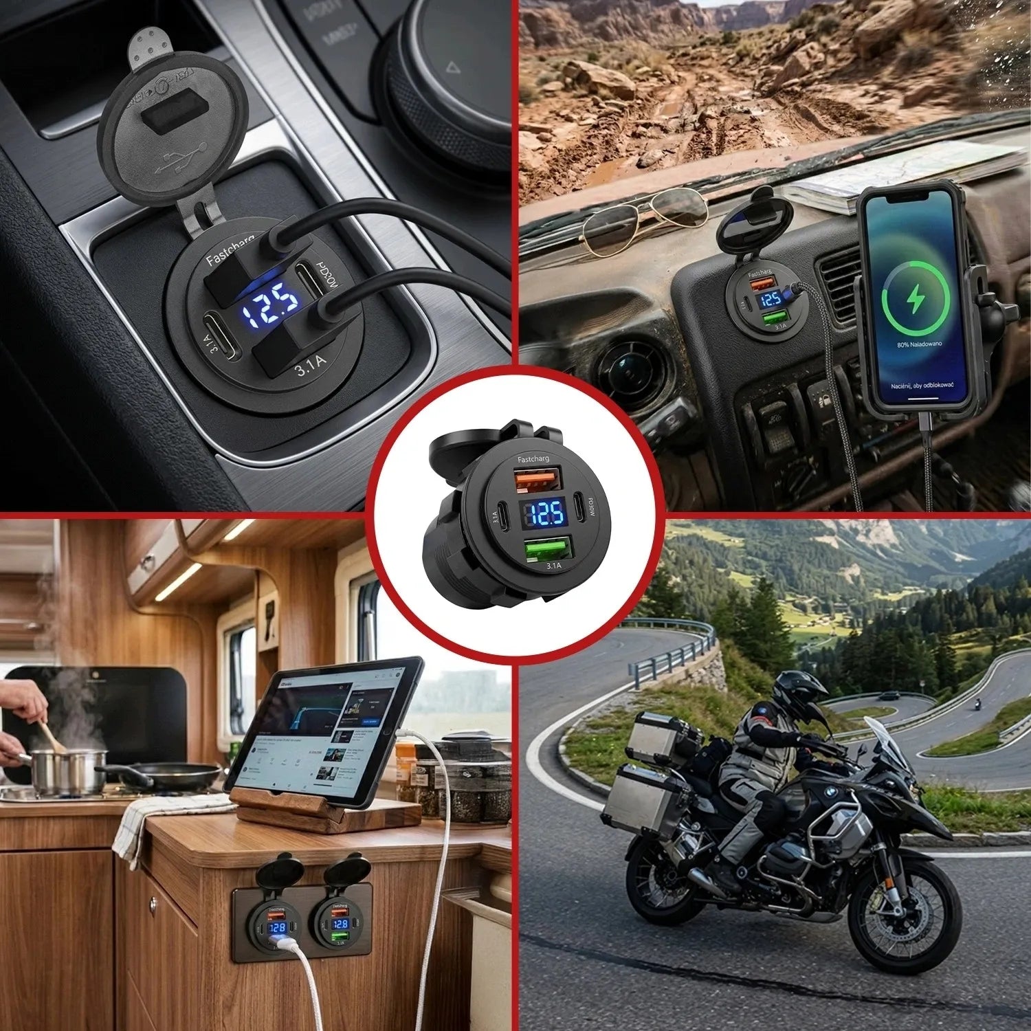 Greitasis automobilinis įkroviklis 60 W 2x USB 2x USB-C PD su voltmetru motociklams