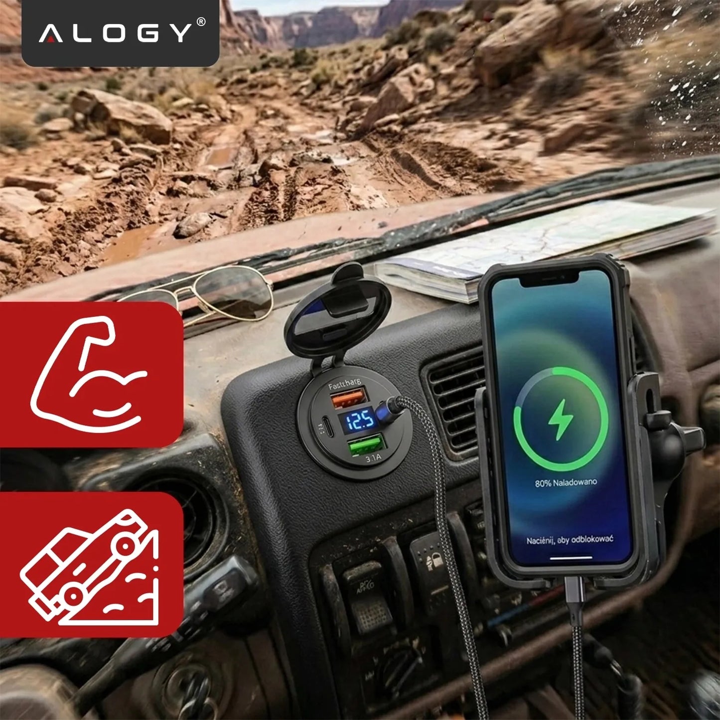 Greitasis automobilinis įkroviklis 60 W 2x USB 2x USB-C PD su voltmetru motociklams