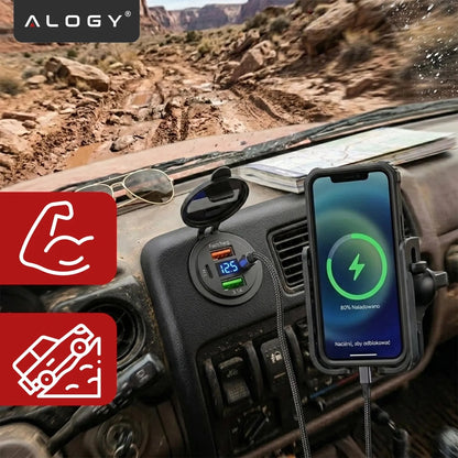 Greitasis automobilinis įkroviklis 60 W 2x USB 2x USB-C PD su voltmetru motociklams