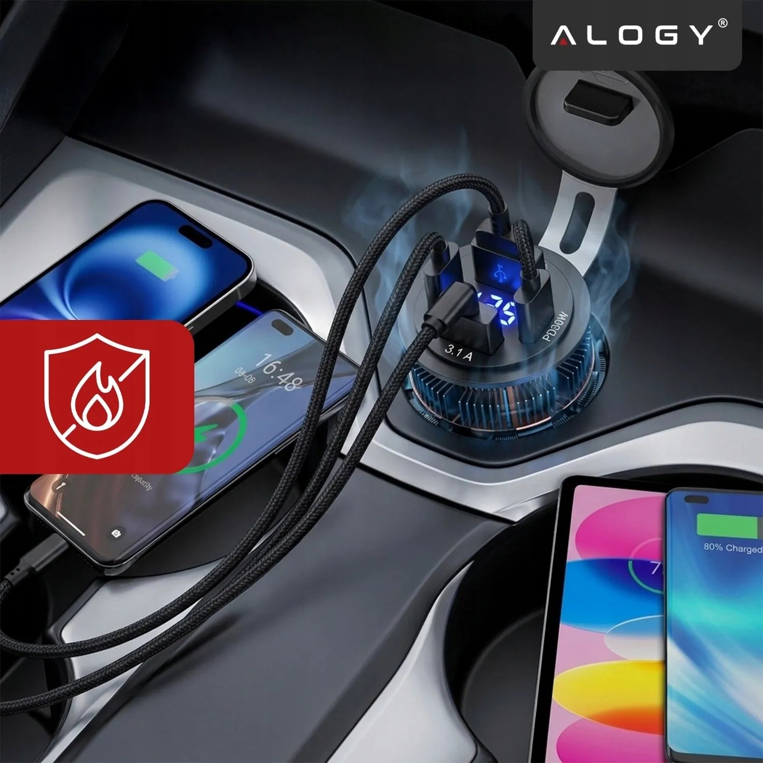 Greitasis automobilinis įkroviklis 60 W 2x USB 2x USB-C PD su voltmetru motociklams