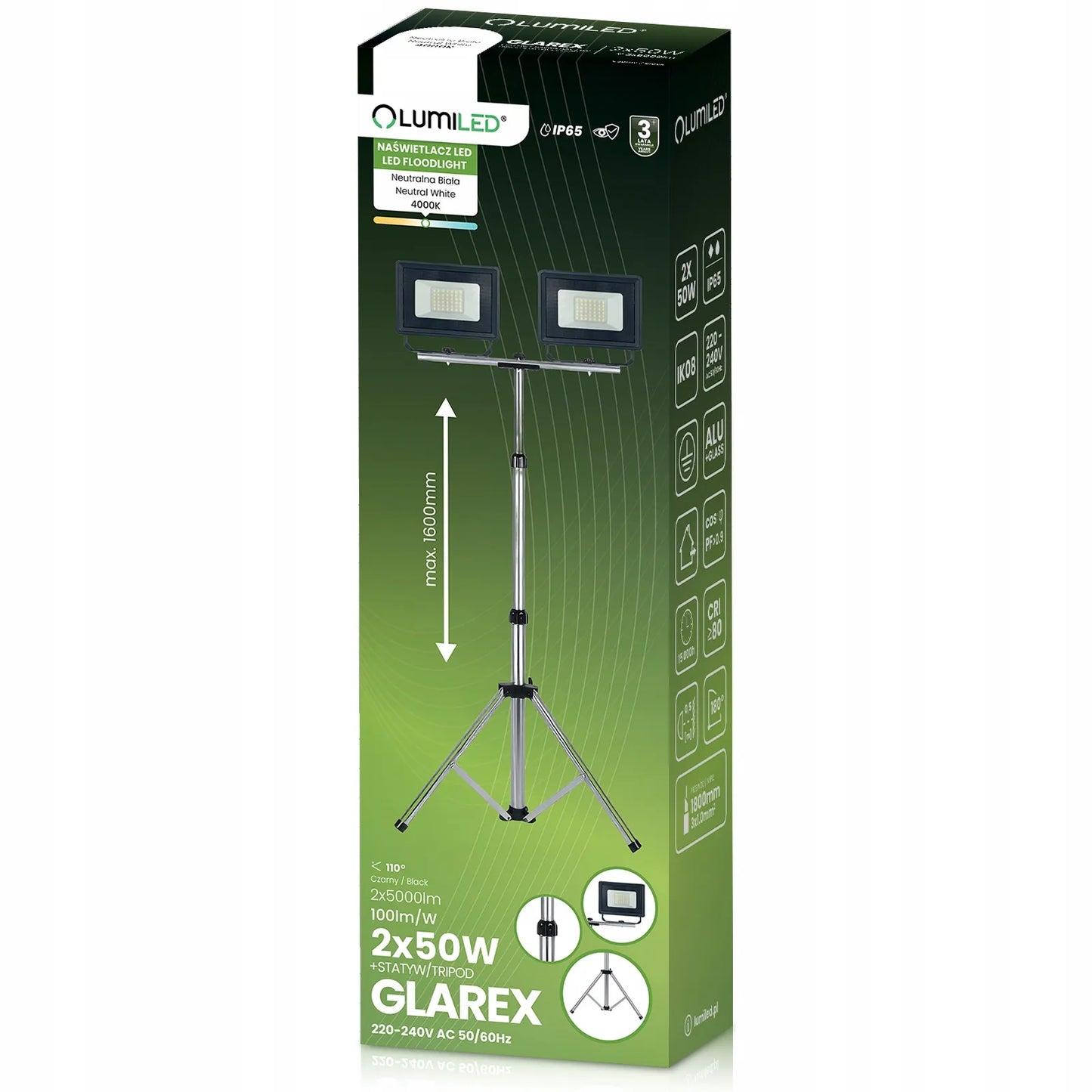 HALOGENŲ RINKINYS LED prožektorius LEMPA su stovu 2x 50W darbo statybinis galingas