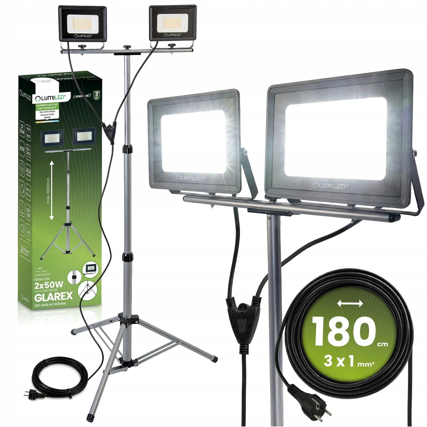 HALOGENŲ RINKINYS LED prožektorius, stovas 2x50W darbo statybinis galingas
