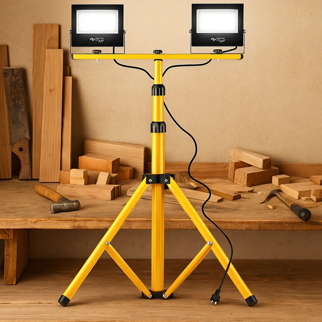 HALOGENŲ rinkinys prožektorius 2x 50W 4500K LED LEMPA statyvas statybinis kištukas