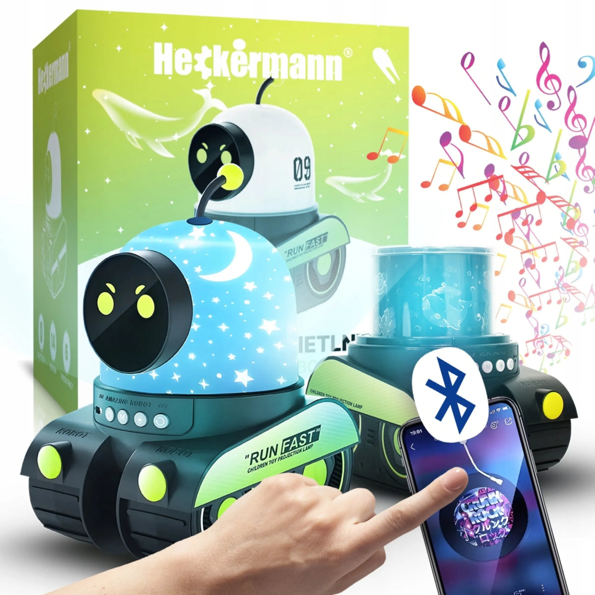 Heckermann žvaigždžių projektorius vaikams, LED naktinė lemputė „Robot“, kosmoso motyvai, 2 viename, su muzika