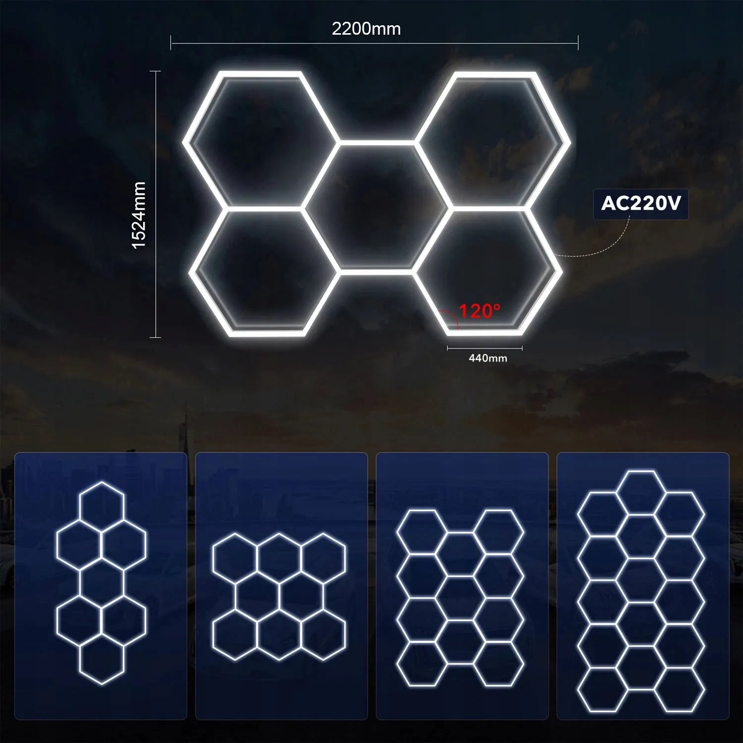 Hexagon LED lubinis šviestuvas – garažo ir dirbtuvių apšvietimo skydelis, 6500 K