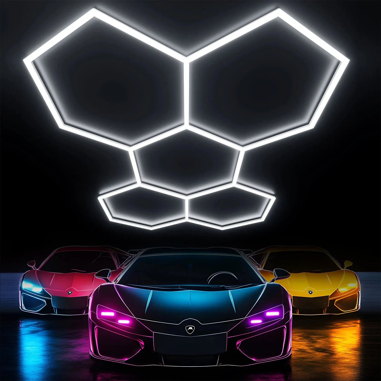Hexagon LED lubinis šviestuvas – garažo ir dirbtuvių apšvietimo skydelis, 6500 K