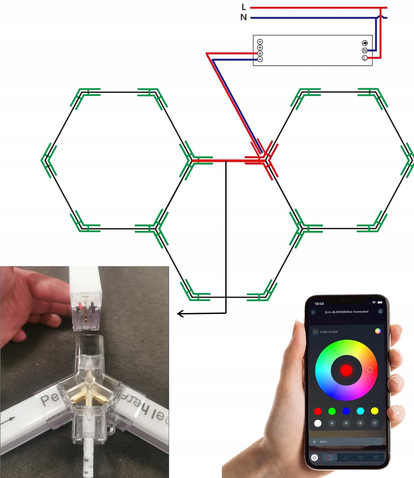HEXAGON LED RGB šviestuvas, garažo, dirbtuvių ir namų apšvietimas 64W, korinis dizainas