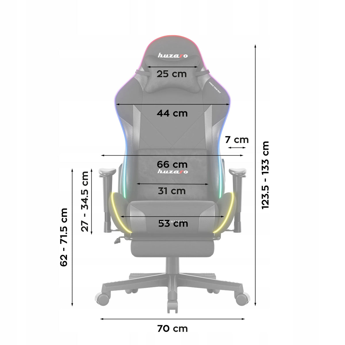Huzaro Force 5.7 RGB pasukama žaidimų kėdė su reguliuojamu aukščiu