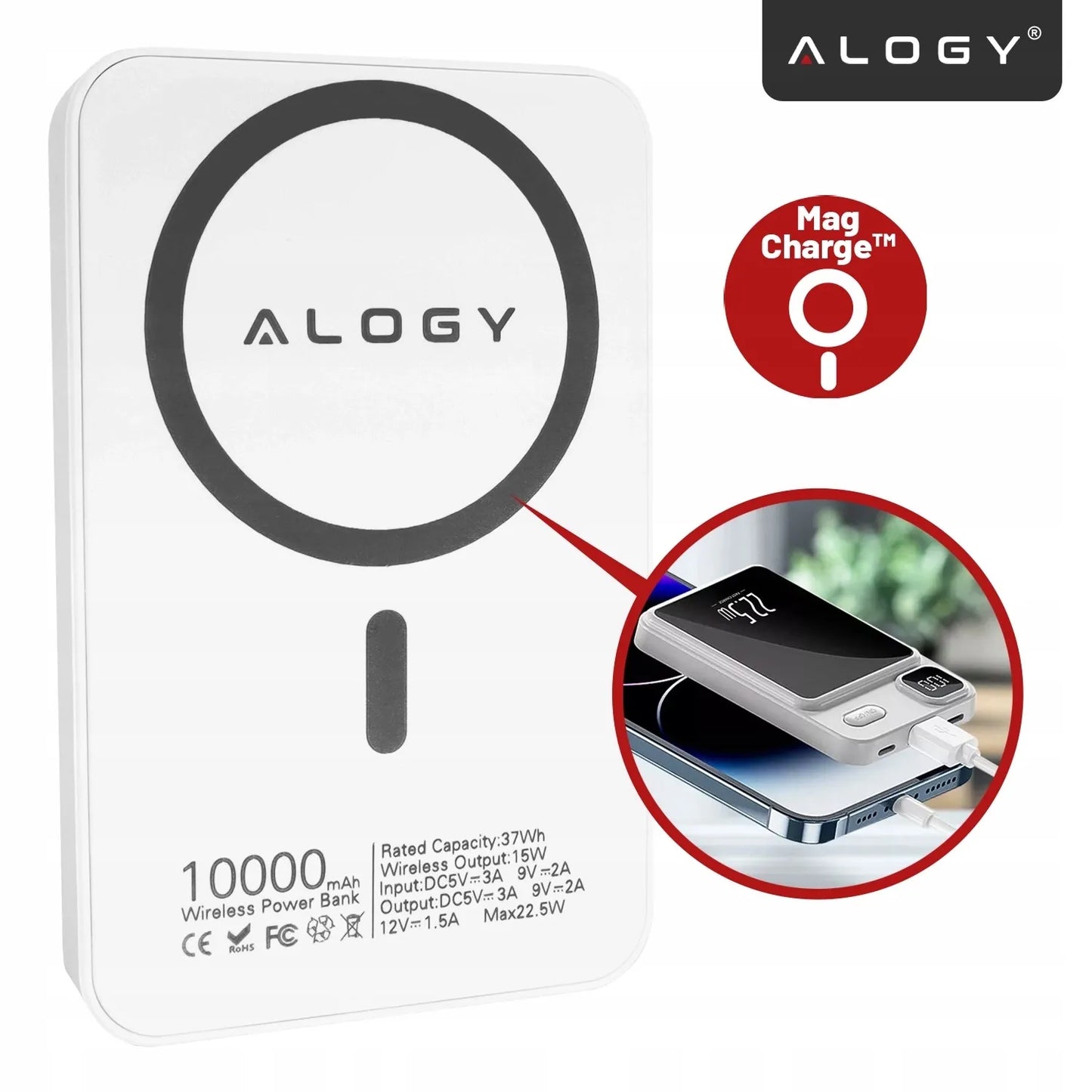 Indukcinis „MagSafe“ maitinimo blokas „Alogy“ 10000mAh Qi 22.5W USB-C USB + laidas