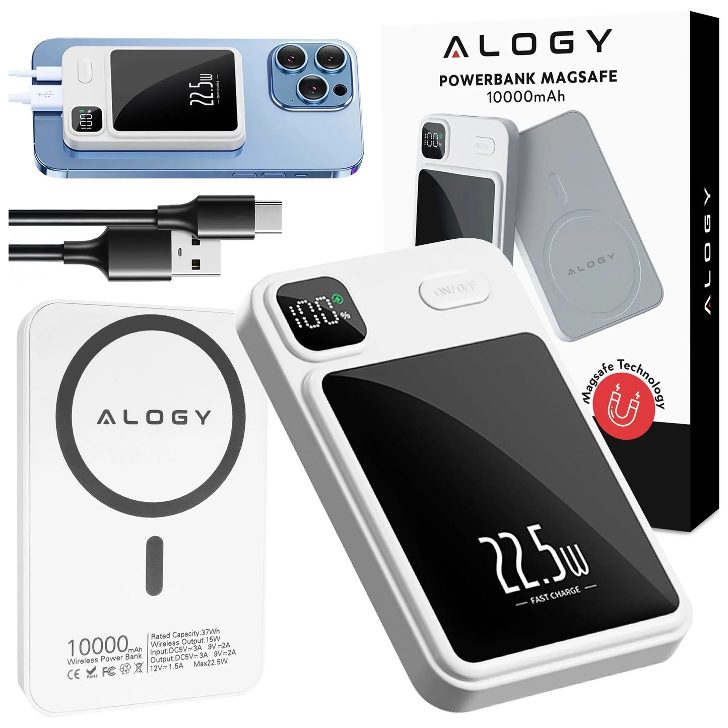 Indukcinis „MagSafe“ maitinimo blokas „Alogy“ 10000mAh Qi 22.5W USB-C USB + laidas