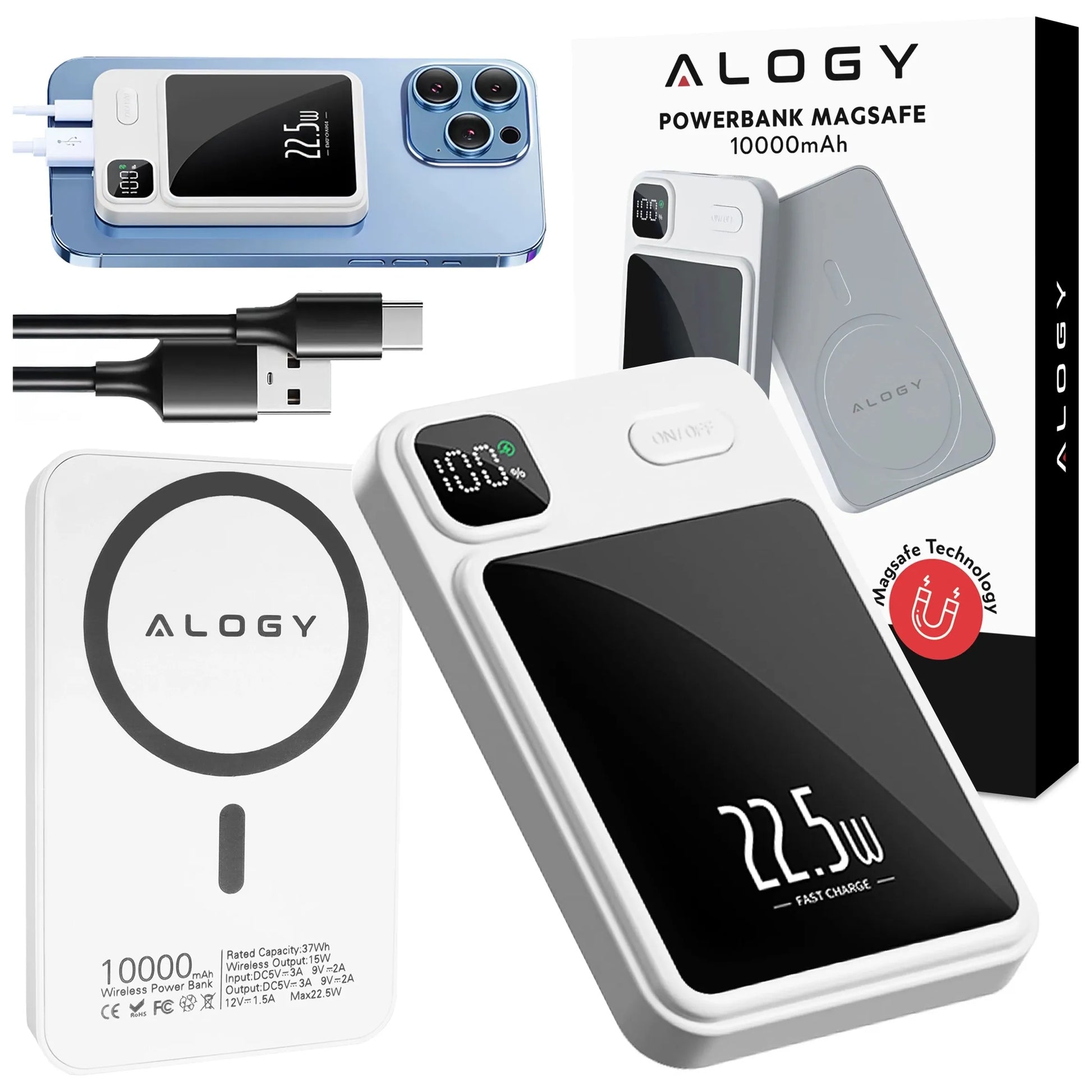 Indukcinis „MagSafe“ maitinimo blokas „Alogy“ 10000mAh Qi 22.5W USB-C USB + laidas
