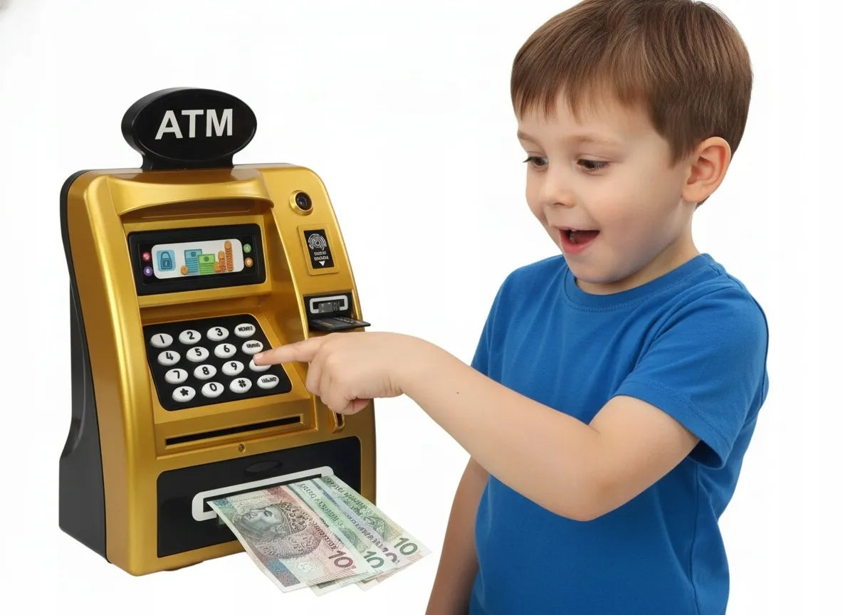 Interaktyvi vaikiška seifo tipo bankomato taupyklė Coil, auksinė-juoda, su PIN kodu