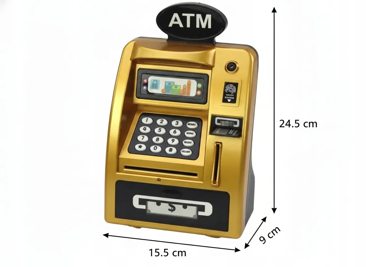 Interaktyvi vaikiška seifo tipo bankomato taupyklė Coil, auksinė-juoda, su PIN kodu