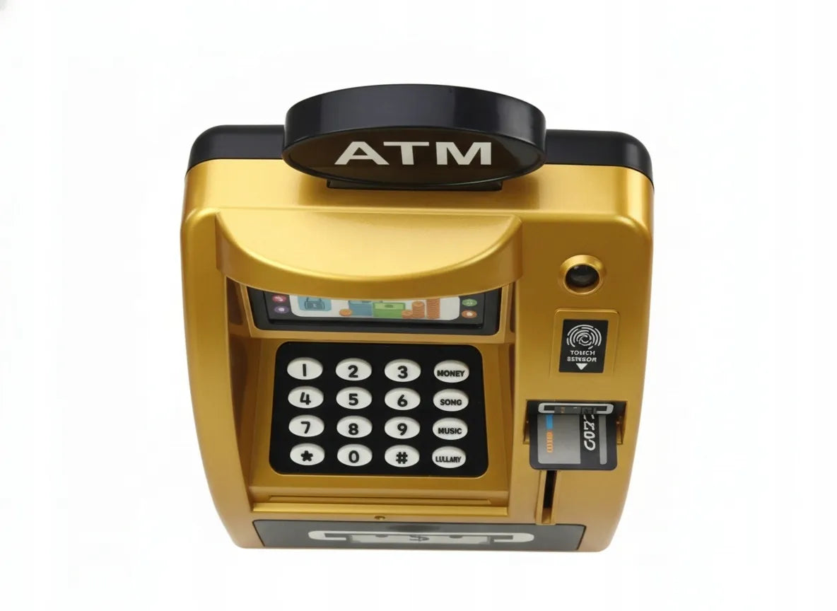 Interaktyvi vaikiška seifo tipo bankomato taupyklė Coil, auksinė-juoda, su PIN kodu