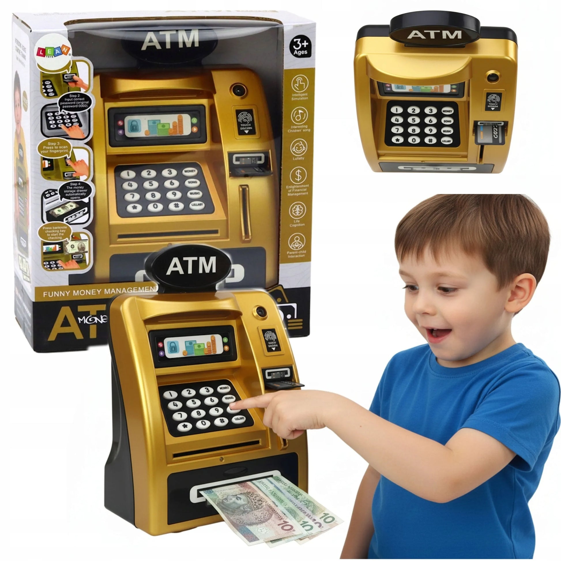 Interaktyvi vaikiška seifo tipo bankomato taupyklė Coil, auksinė-juoda, su PIN kodu