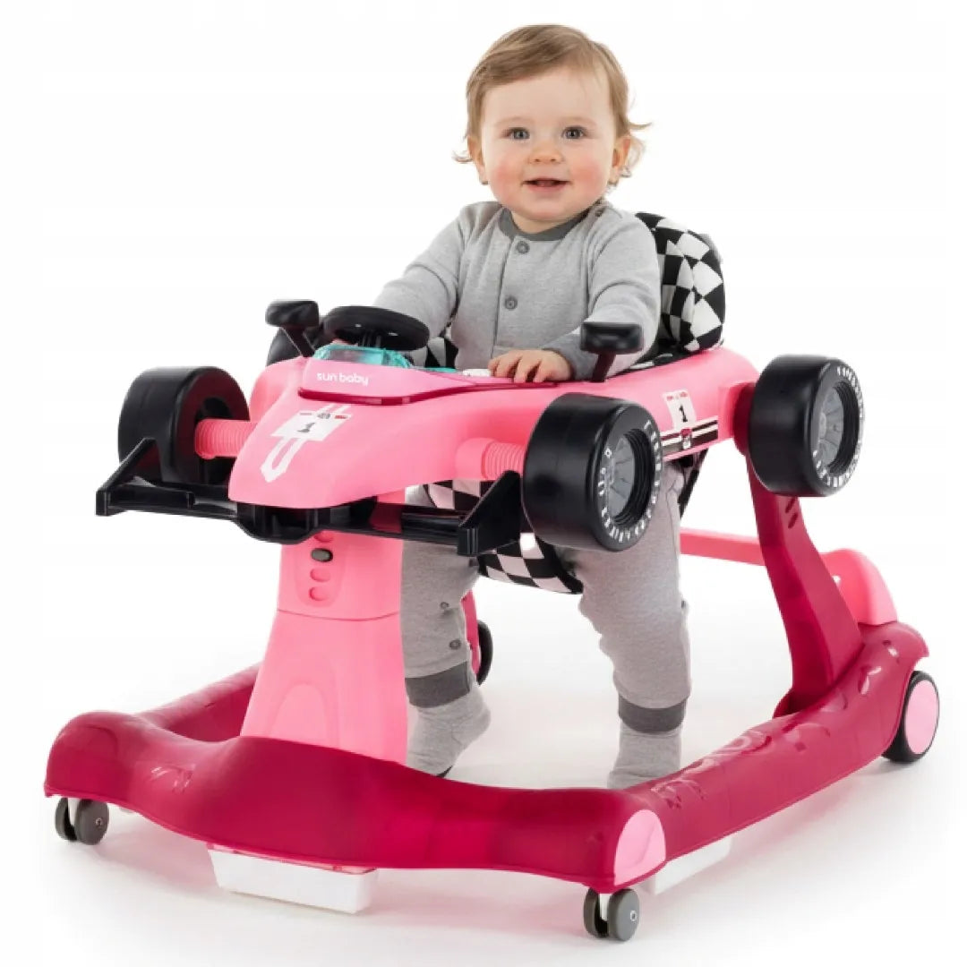 Interaktyvi vaikiška vaikštynė Sun Baby Formula 1 lenktyninis automobilis 3in1 su garsais, rožinė