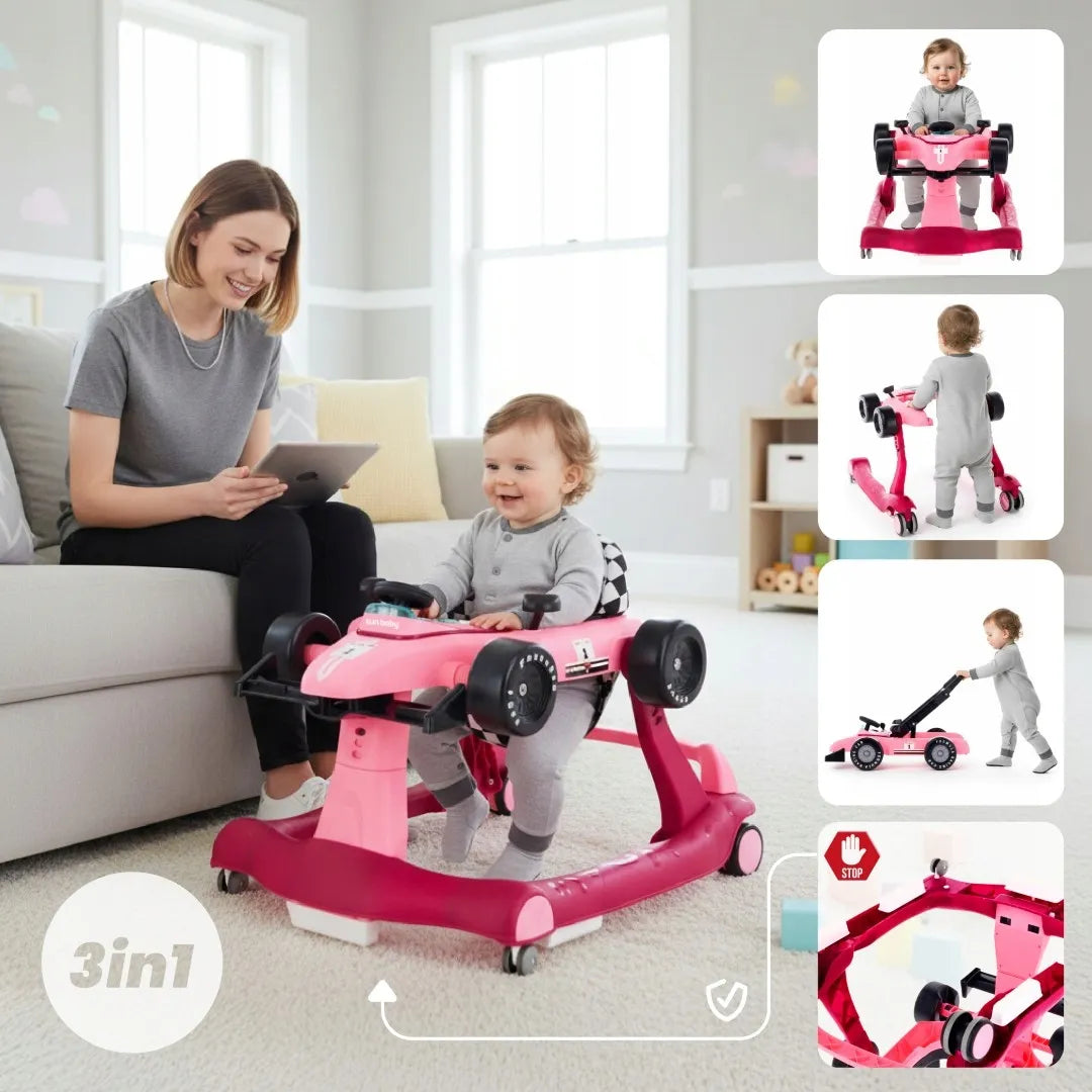 Interaktyvi vaikiška vaikštynė Sun Baby Formula 1 lenktyninis automobilis 3in1 su garsais, rožinė