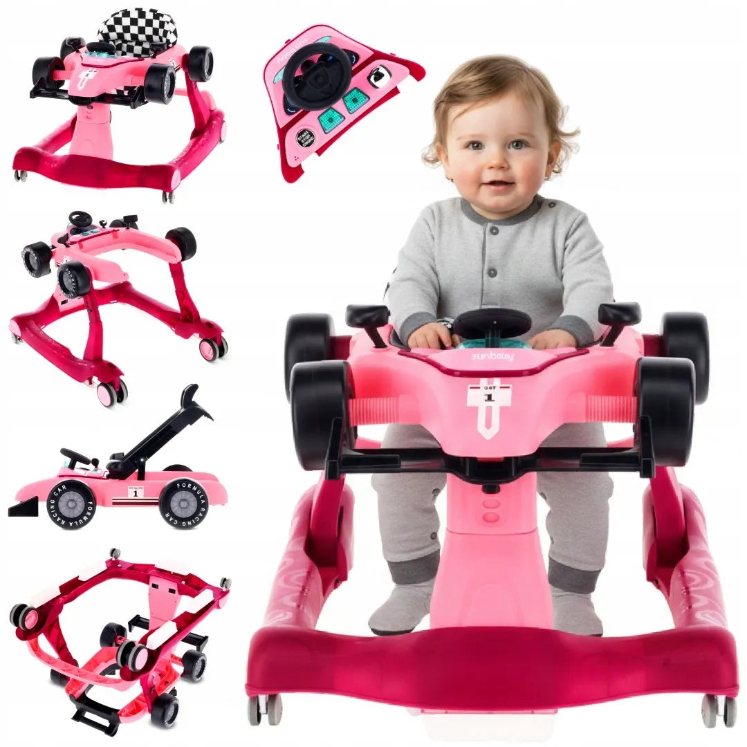 Interaktyvi vaikiška vaikštynė Sun Baby Formula 1 lenktyninis automobilis 3in1 su garsais, rožinė