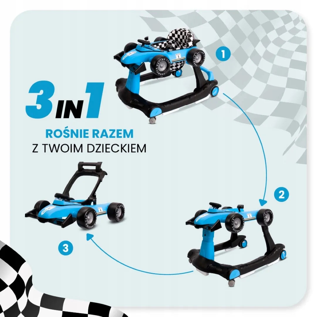 Interaktyvi vaikštynė-stūmdukas lenktyninis automobilis Formula 1 3-in-1, mėlynas