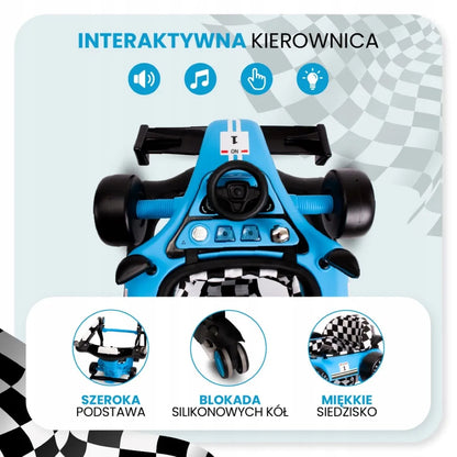Interaktyvi vaikštynė-stūmdukas lenktyninis automobilis Formula 1 3-in-1, mėlynas