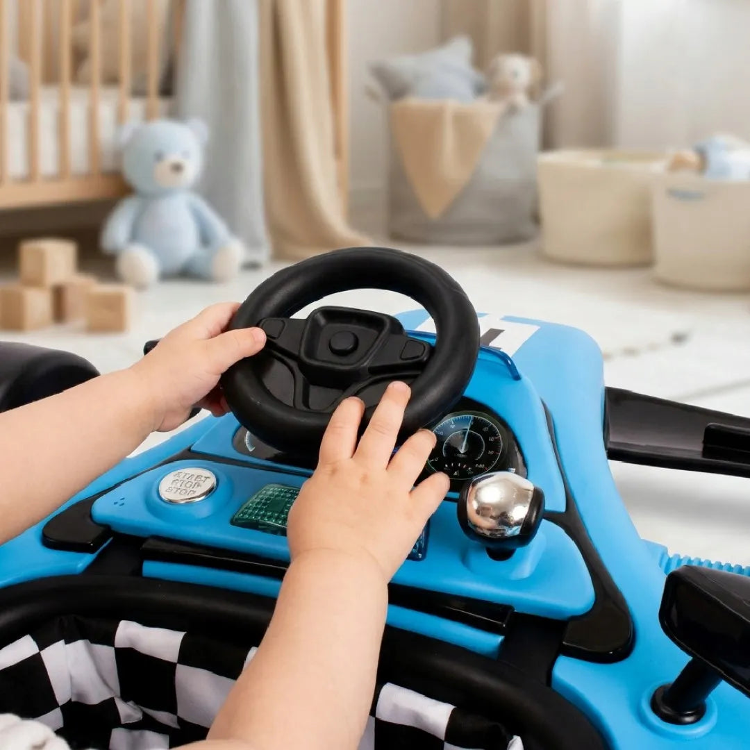 Interaktyvi vaikštynė-stūmdukas lenktyninis automobilis Formula 1 3-in-1, mėlynas