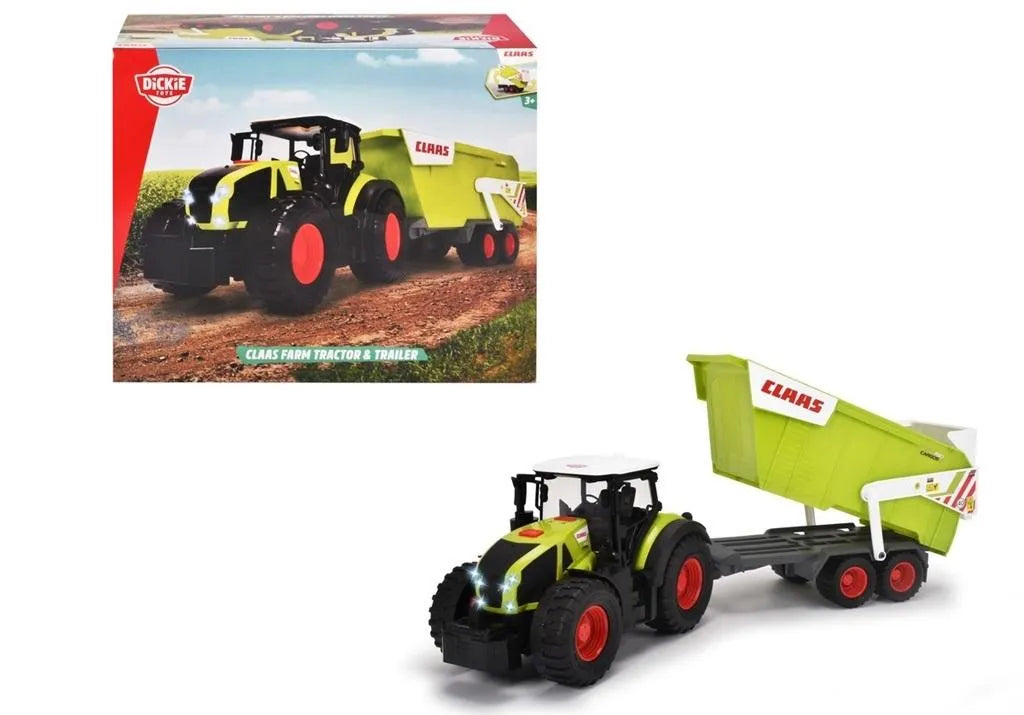 Interaktyvus „Claas“ traktorius su priekaba, 64 cm, ir dinozaurų figūrėlės dėžutėje