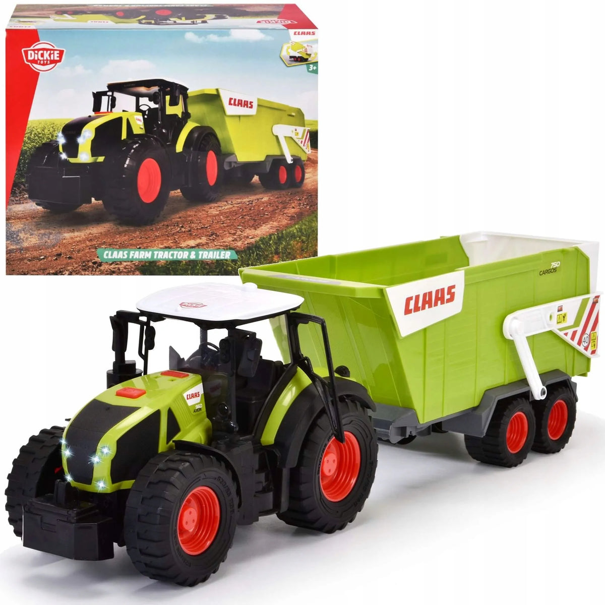 Interaktyvus „Claas“ traktorius su priekaba, 64 cm, ir dinozaurų figūrėlės dėžutėje