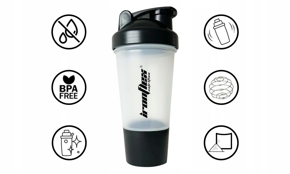 IRONFLEX plaktuvė 500 ml su indeliu baltymams, sandari, sporto salei