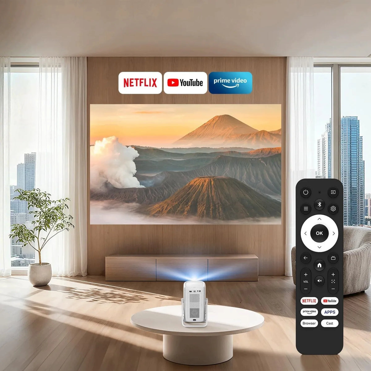 „iSinbox“ 4K projektorius su „Wi-Fi“, „Bluetooth“ ir automatiniu fokusavimu, „Netflix“, „YouTube“, „Prime Video“ bei „Dolby“