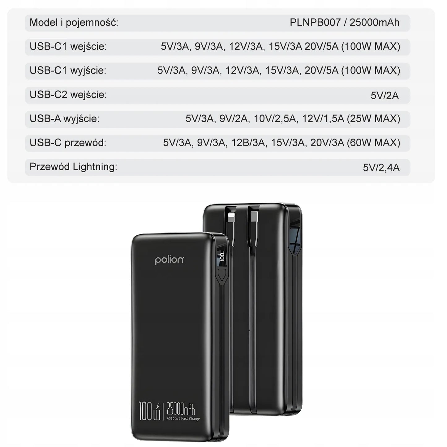 Išorinė baterija Polion 25000mAh 100W greitas įkrovimas USB-C PD QC