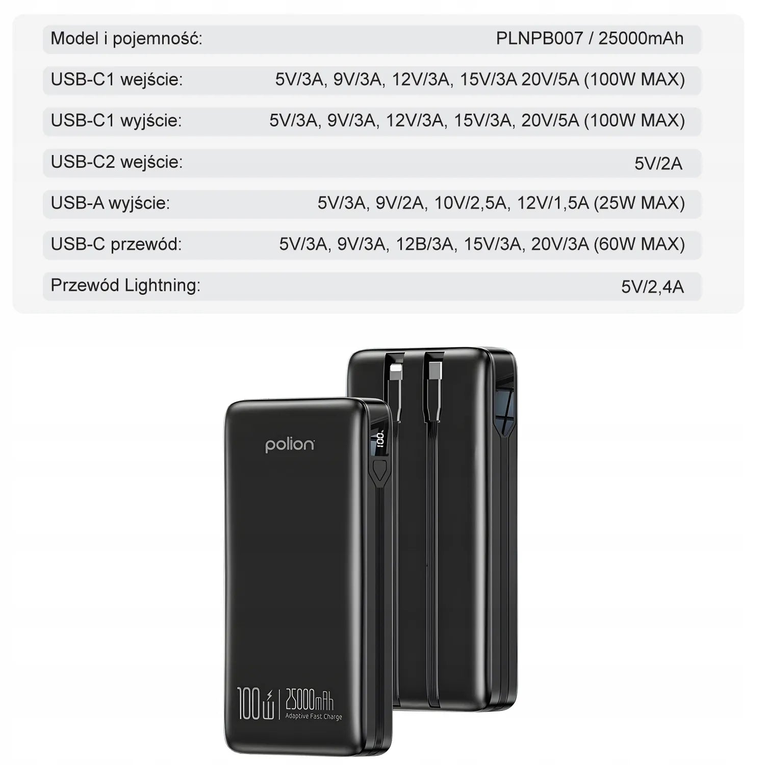Išorinė baterija Polion 25000mAh 100W greitas įkrovimas USB-C PD QC
