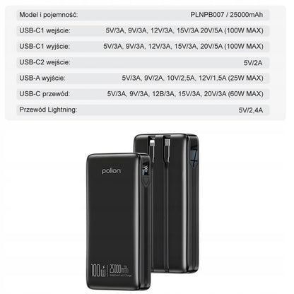 Išorinė baterija Polion 25000mAh 100W greitas įkrovimas USB-C PD QC