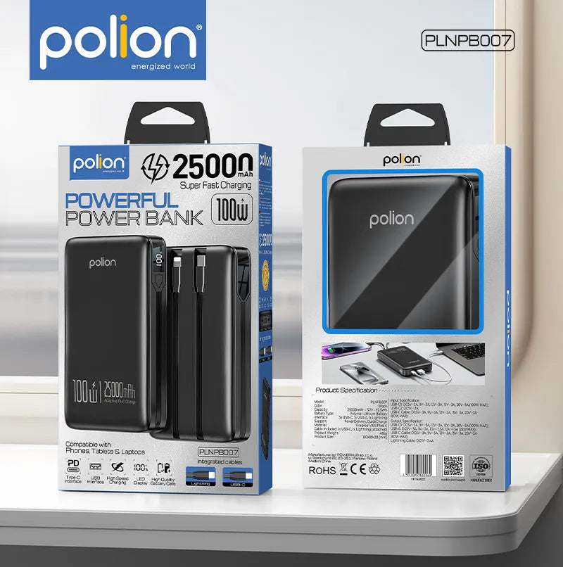 Išorinė baterija Polion 25000mAh 100W greitas įkrovimas USB-C PD QC