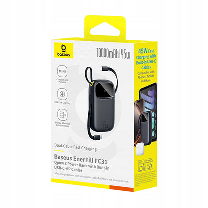 Išorinė baterija (powerbank) BASEUS 10000mAh, greitas įkrovimas 45W, integruoti USB-C ir Lightning laidai