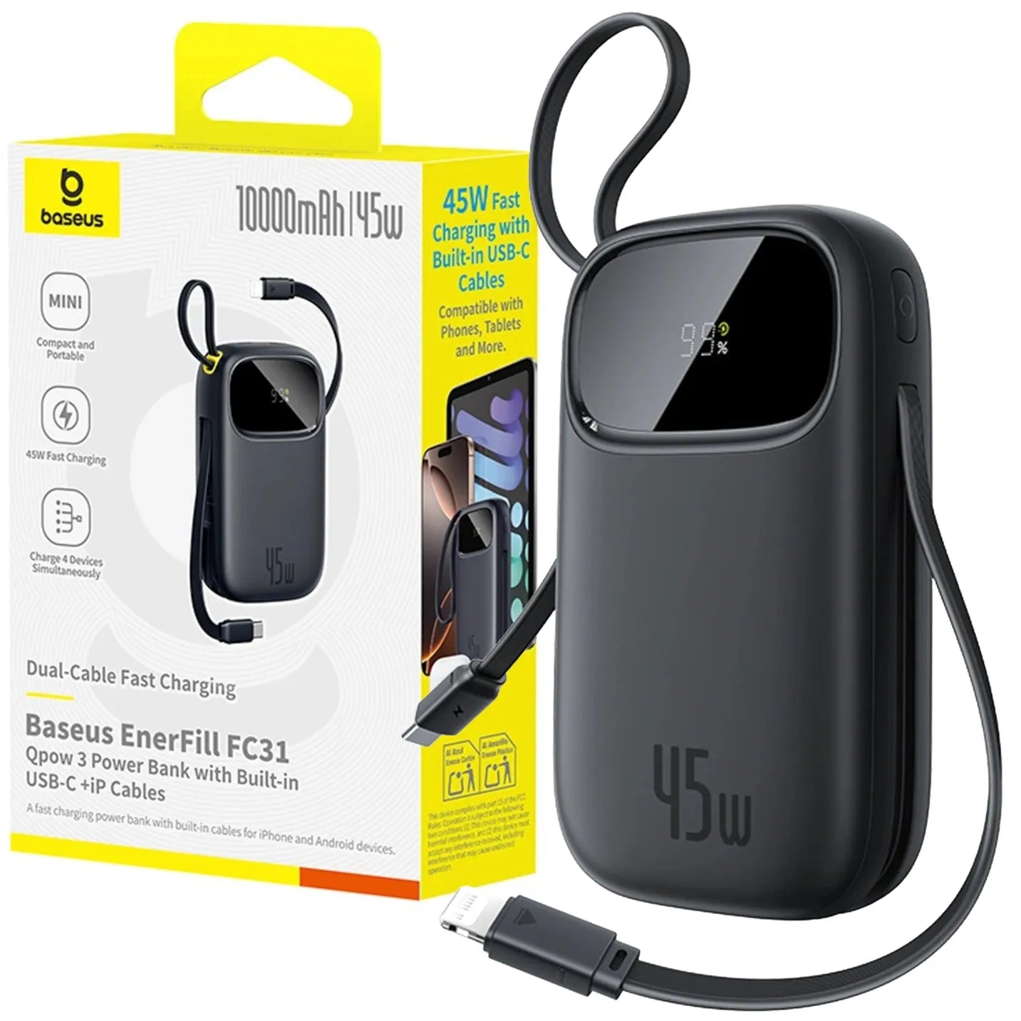Išorinė baterija (powerbank) BASEUS 10000mAh, greitas įkrovimas 45W, integruoti USB-C ir Lightning laidai