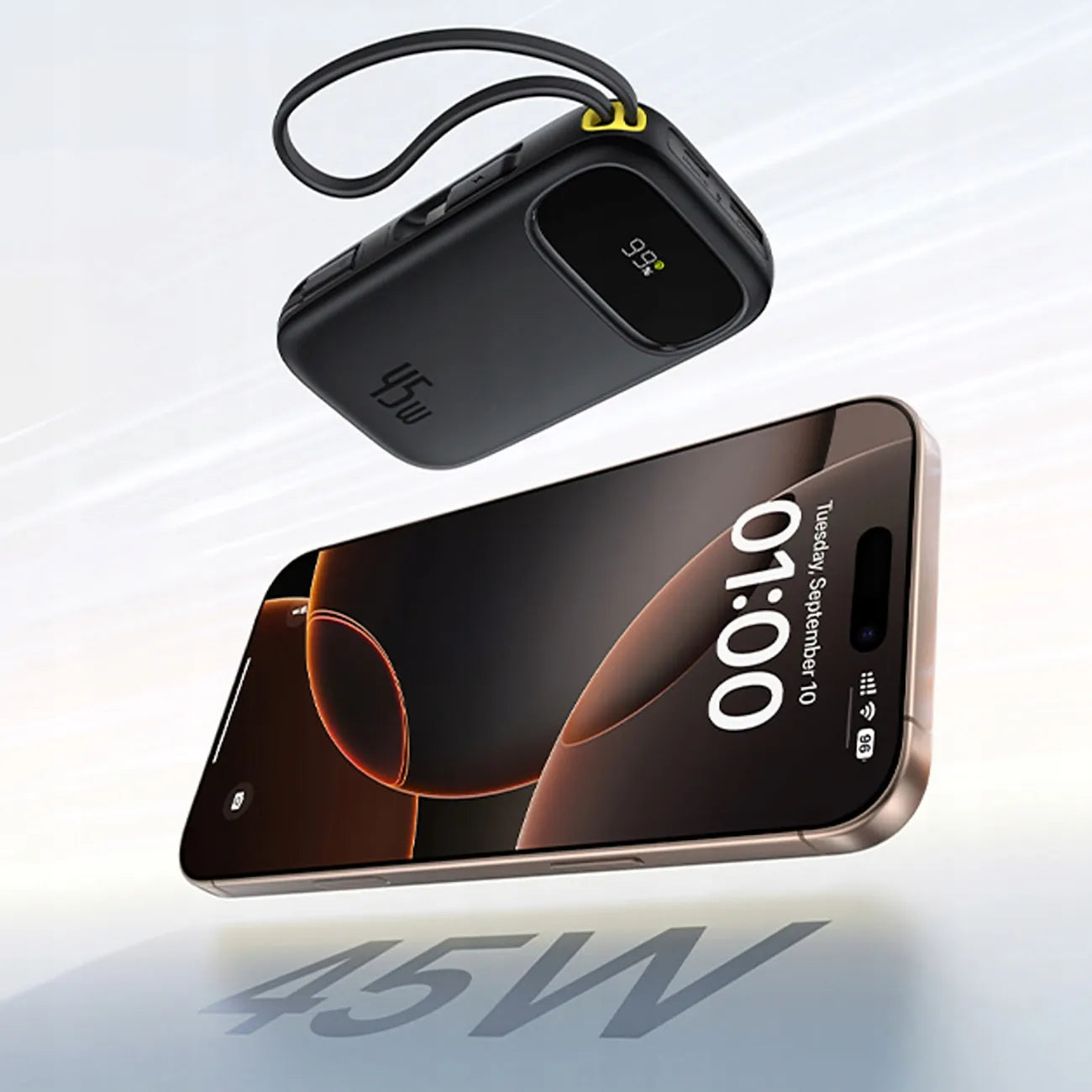 Išorinė baterija (powerbank) BASEUS 10000mAh, greitas įkrovimas 45W, integruoti USB-C ir Lightning laidai