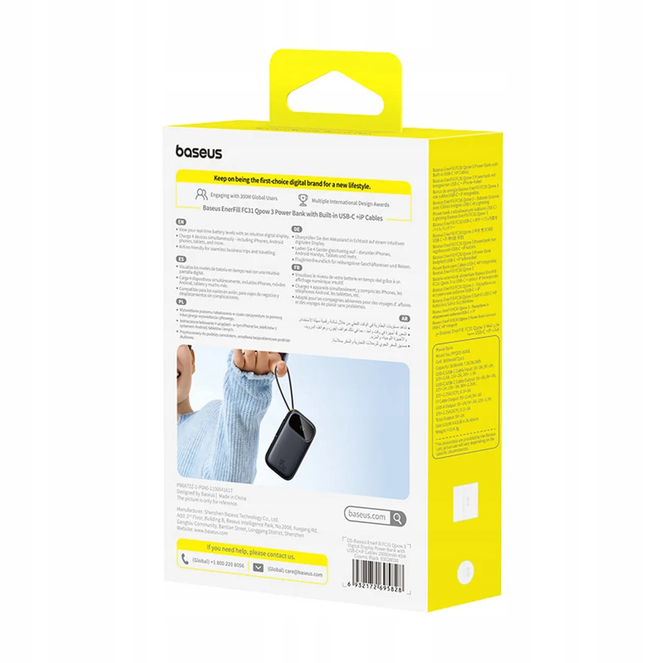 Išorinė baterija (powerbank) BASEUS 10000mAh, greitas įkrovimas 45W, integruoti USB-C ir Lightning laidai