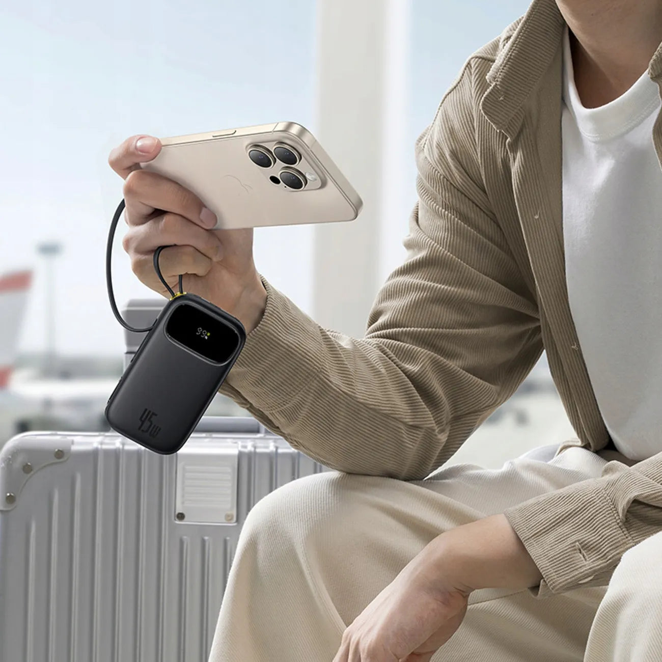 Išorinė baterija (powerbank) BASEUS 10000mAh, greitas įkrovimas 45W, integruoti USB-C ir Lightning laidai