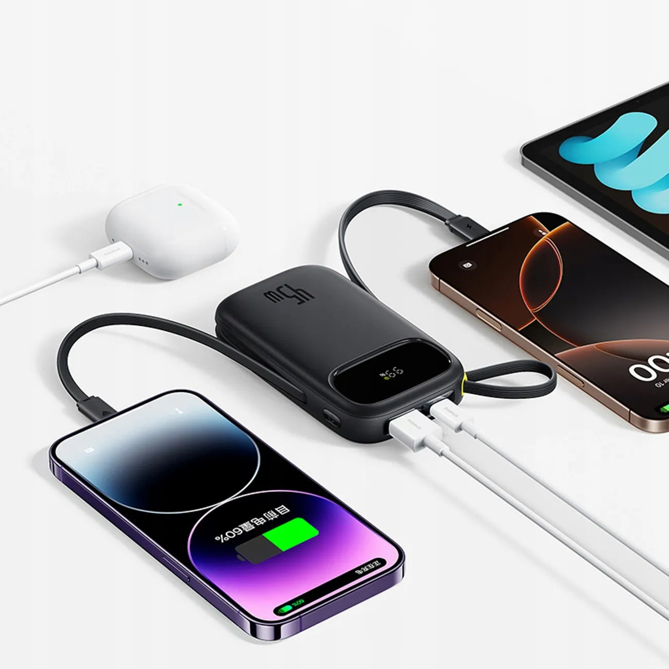 Išorinė baterija (powerbank) BASEUS 10000mAh, greitas įkrovimas 45W, integruoti USB-C ir Lightning laidai