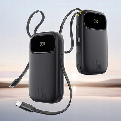 Išorinė baterija (powerbank) BASEUS 10000mAh, greitas įkrovimas 45W, integruoti USB-C ir Lightning laidai