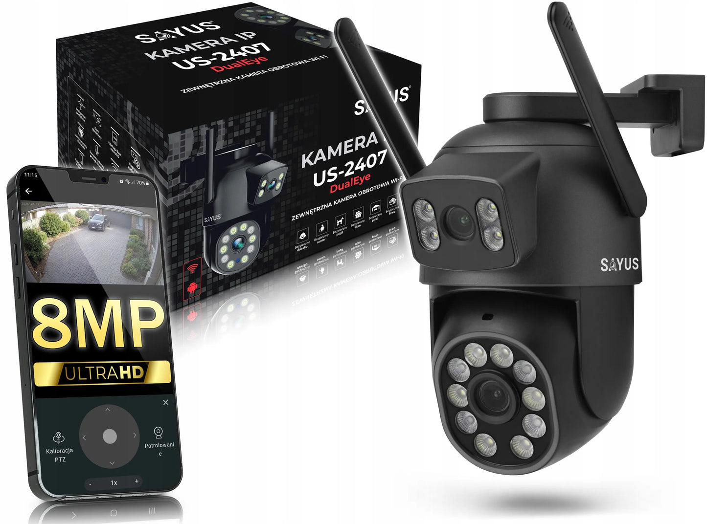 Išorinė kamera 2x8MPx sukamoji dviguba 5x priartinimas ULTRA HD detekcija IP WIFI