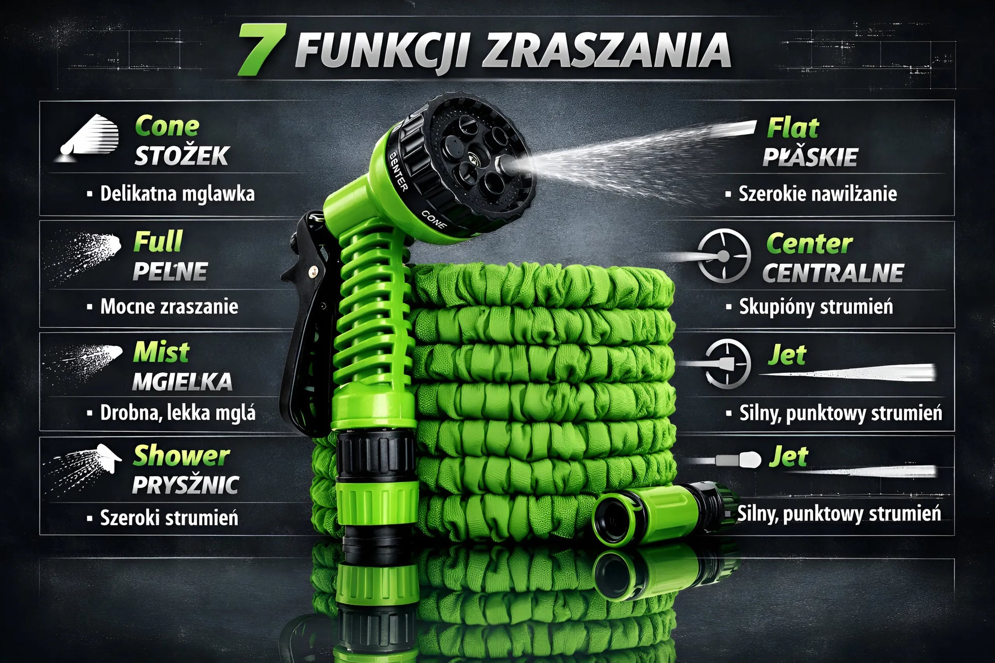 Išsiplečianti sodo žarna 22,5 m + 7 funkcijų pistoletas + jungtys