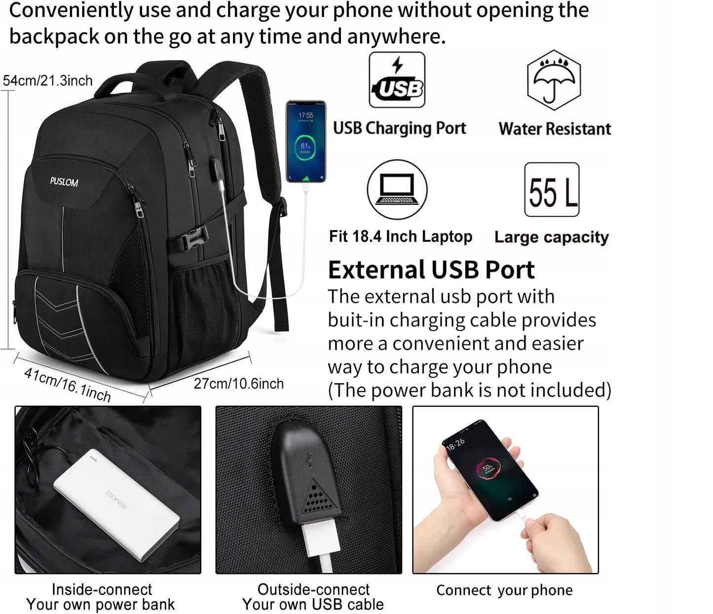 Itin talpi 55L kuprinė nešiojamam kompiuteriui su USB jungtimi 18.4" PULSOM
