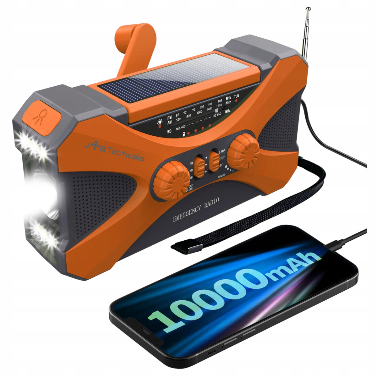 JB Tacticals JB-03 oranžinis nešiojamasis avarinis AM/FM radijas su saulės baterija, rankine dinamo rankenėle, išoriniu akumuliatoriumi ir LED žibintuvėliu