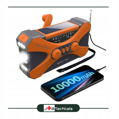 JB Tacticals JB-03 oranžinis nešiojamasis avarinis AM/FM radijas su saulės baterija, rankine dinamo rankenėle, išoriniu akumuliatoriumi ir LED žibintuvėliu