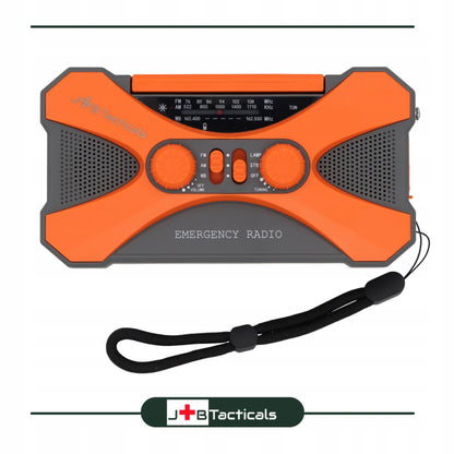 JB Tacticals JB-03 oranžinis nešiojamasis avarinis AM/FM radijas su saulės baterija, rankine dinamo rankenėle, išoriniu akumuliatoriumi ir LED žibintuvėliu