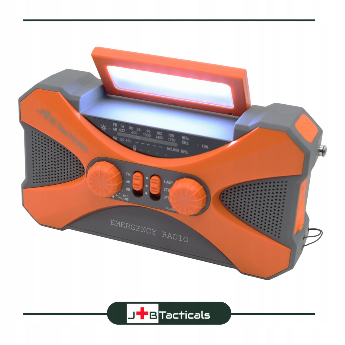 JB Tacticals JB-03 oranžinis nešiojamasis avarinis AM/FM radijas su saulės baterija, rankine dinamo rankenėle, išoriniu akumuliatoriumi ir LED žibintuvėliu