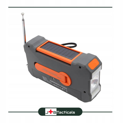 JB Tacticals JB-03 oranžinis nešiojamasis avarinis AM/FM radijas su saulės baterija, rankine dinamo rankenėle, išoriniu akumuliatoriumi ir LED žibintuvėliu