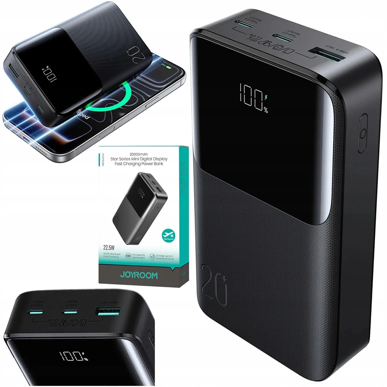 JOYROOM Star Series Mini 20000 mAh išorinė baterija su greitu įkrovimu USB-C 22.5W ir LED ekranu