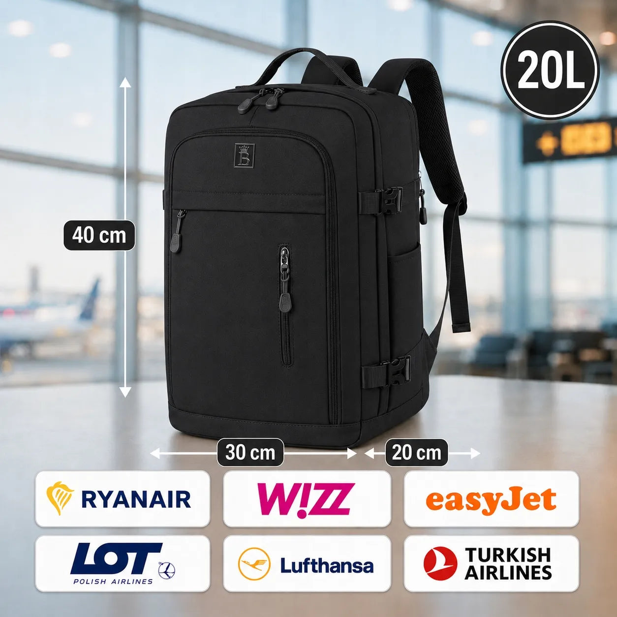Juoda kuprinė rankiniam bagažui 40x30x20 Ryanair Wizz Air kabininė 20L